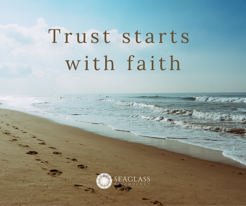 Picture of a beach with the text: Trust starts with faith.