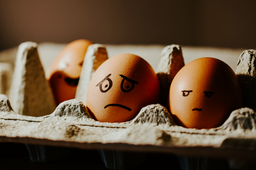 Basic Emotions: Their meaning and need. A photograph of a carton of eggs with faces drawn on them, as if they were sad, annoyed, or happy.
