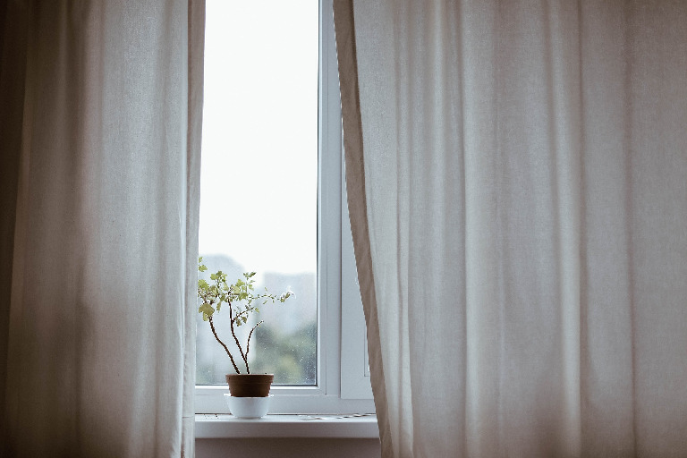 The Window of Tolerance. Picture of a window partially covered by curtains, with a plant sitting on the windowsill.
