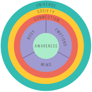 Plenitude Wheel. Picture of a circle divided in rings, The first outer ring says Universe, the next moving towards the center, Society, the next Connection. The next is divided into Body, Emotions, and Mind. The center is Awareness.